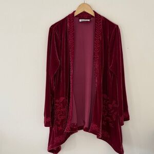 Burgundy Velvet Embroidered Open Front Drape Cardigan Boho Flowy Coquette XL